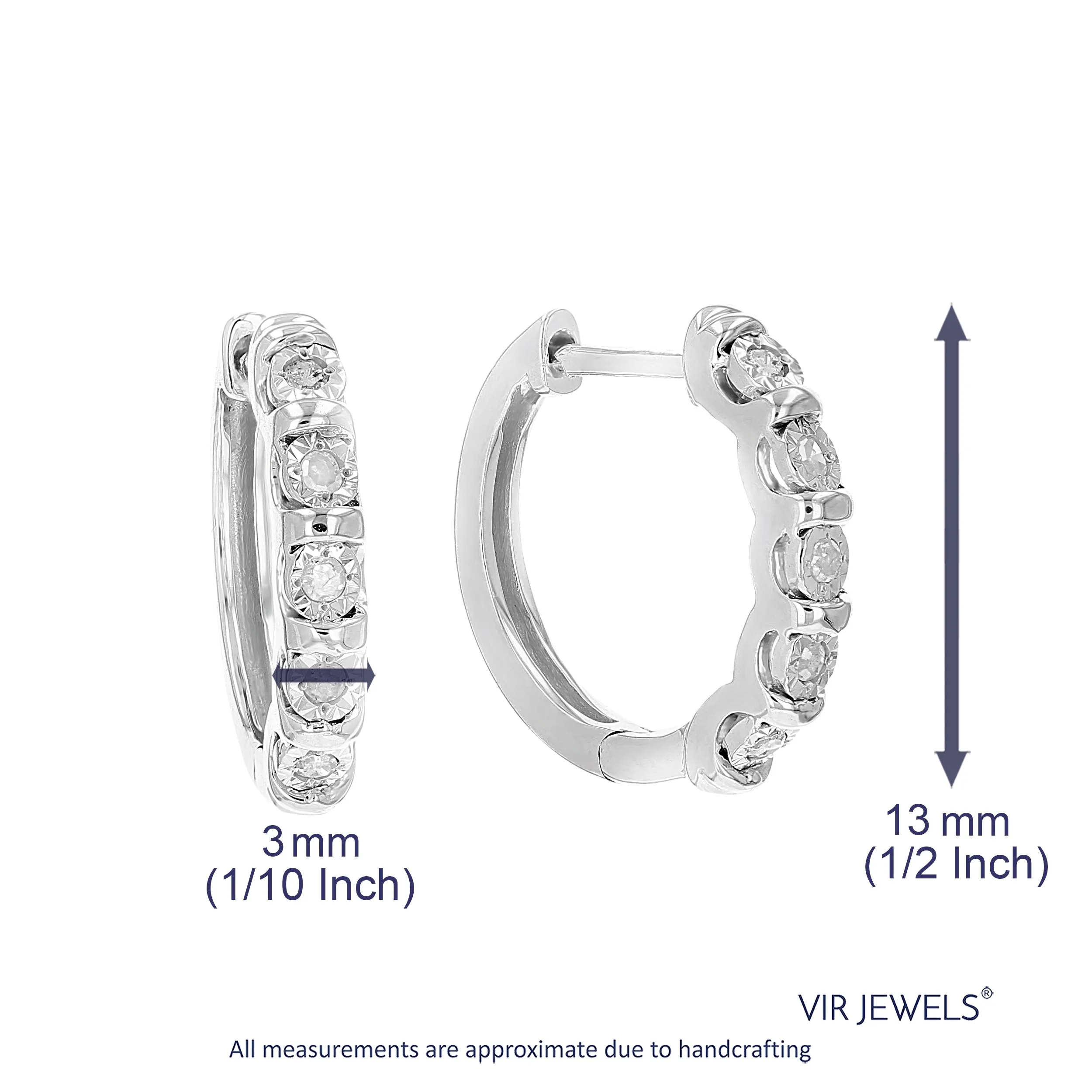1/10 cttw Diamond Hoop Earrings .925 Sterling Silver 10 Stone Prong Set 2/3 Inch