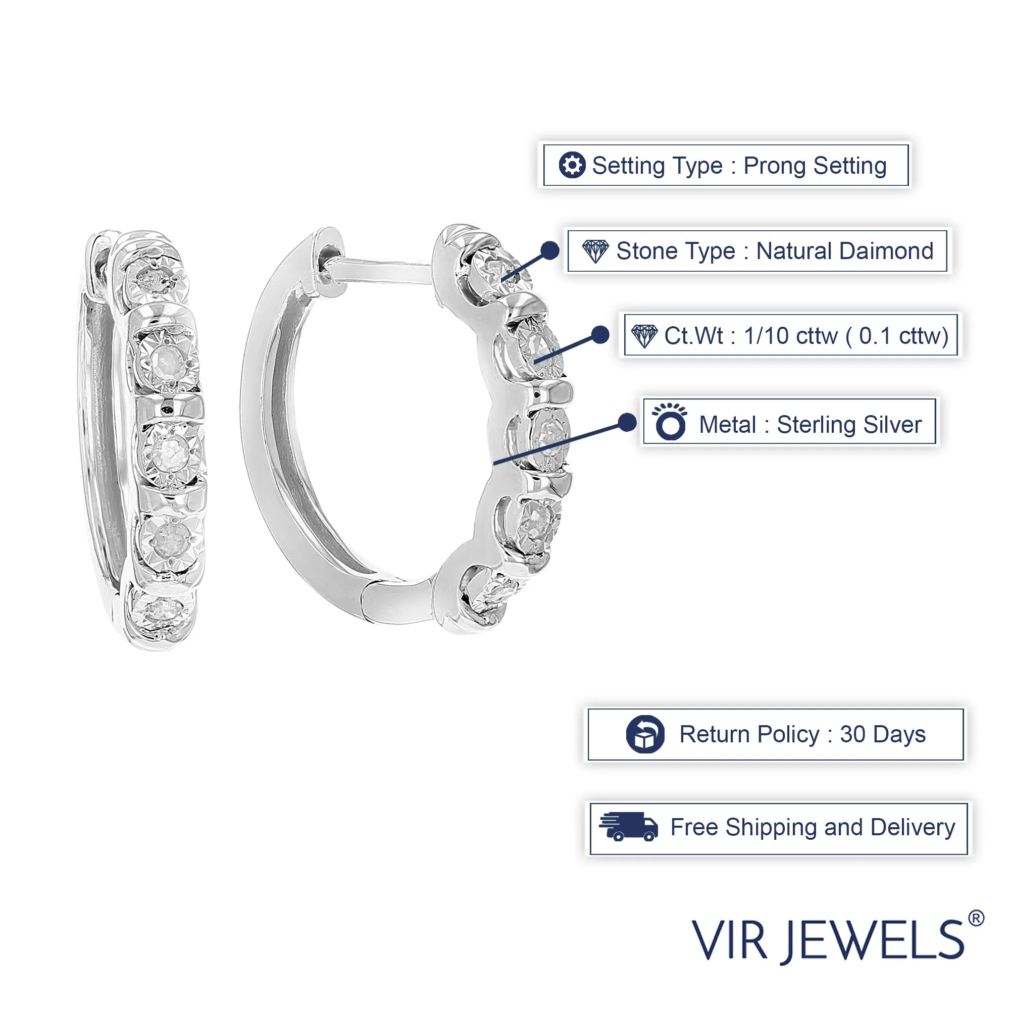 1/10 cttw Diamond Hoop Earrings .925 Sterling Silver 10 Stone Prong Set 2/3 Inch