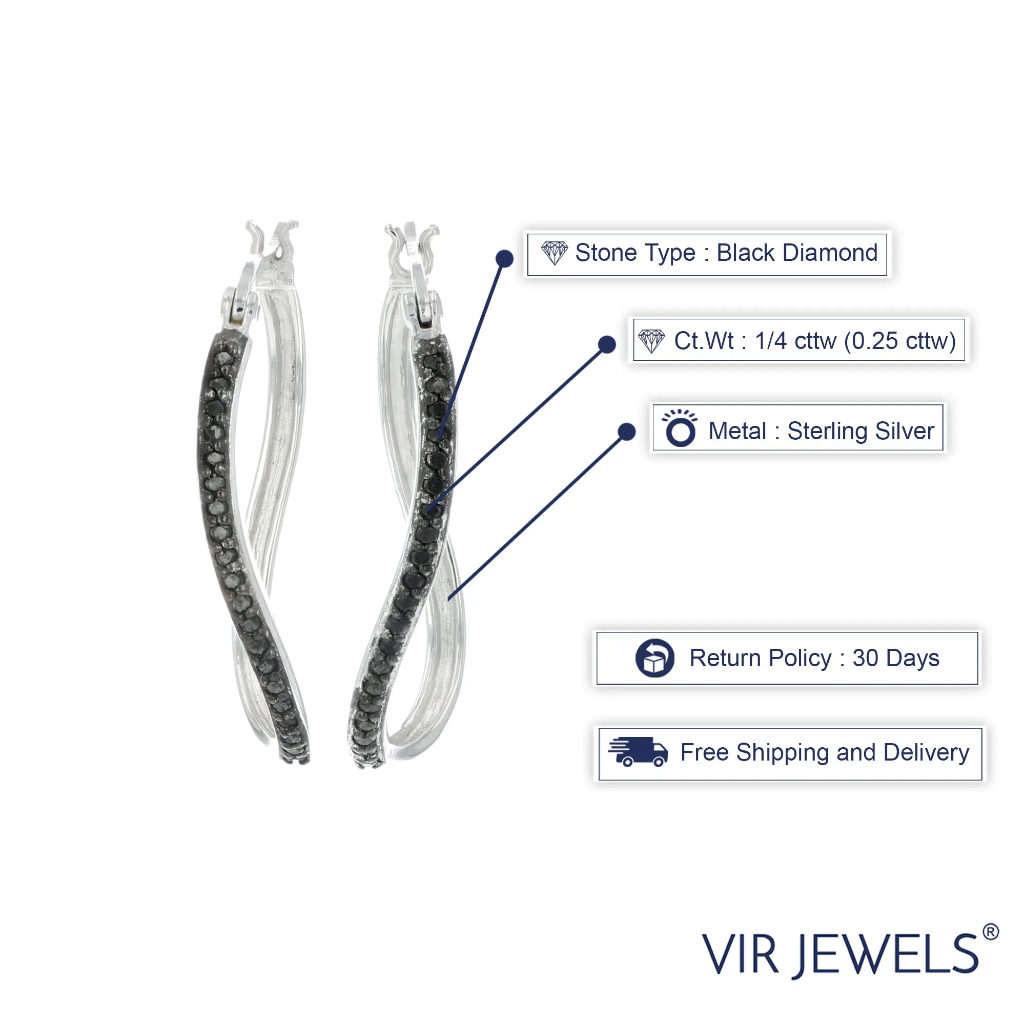 1/4 cttw Black Diamond Hoop Earrings in .925 Sterling Silver 1 Inch
