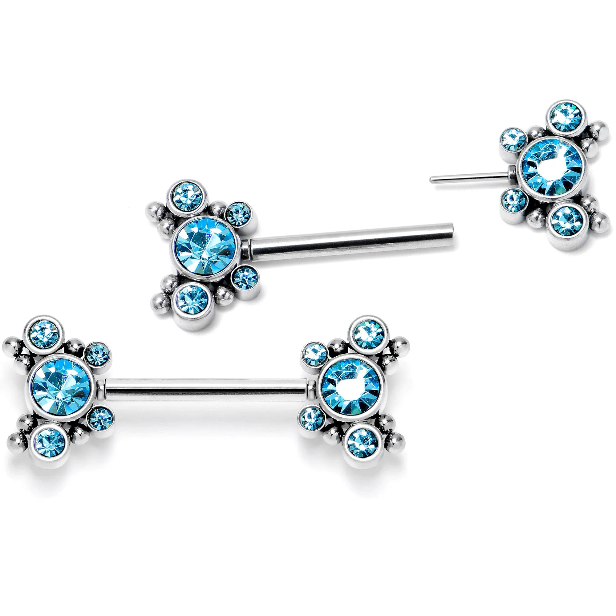 14 Gauge 9/16 Blue CZ Gem Circles Threadless Barbell Nipple Ring Set