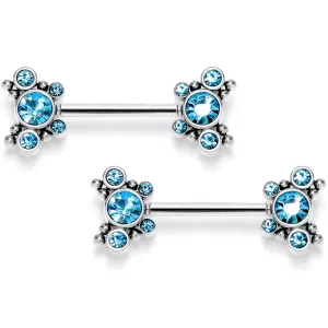 14 Gauge 9/16 Blue CZ Gem Circles Threadless Barbell Nipple Ring Set