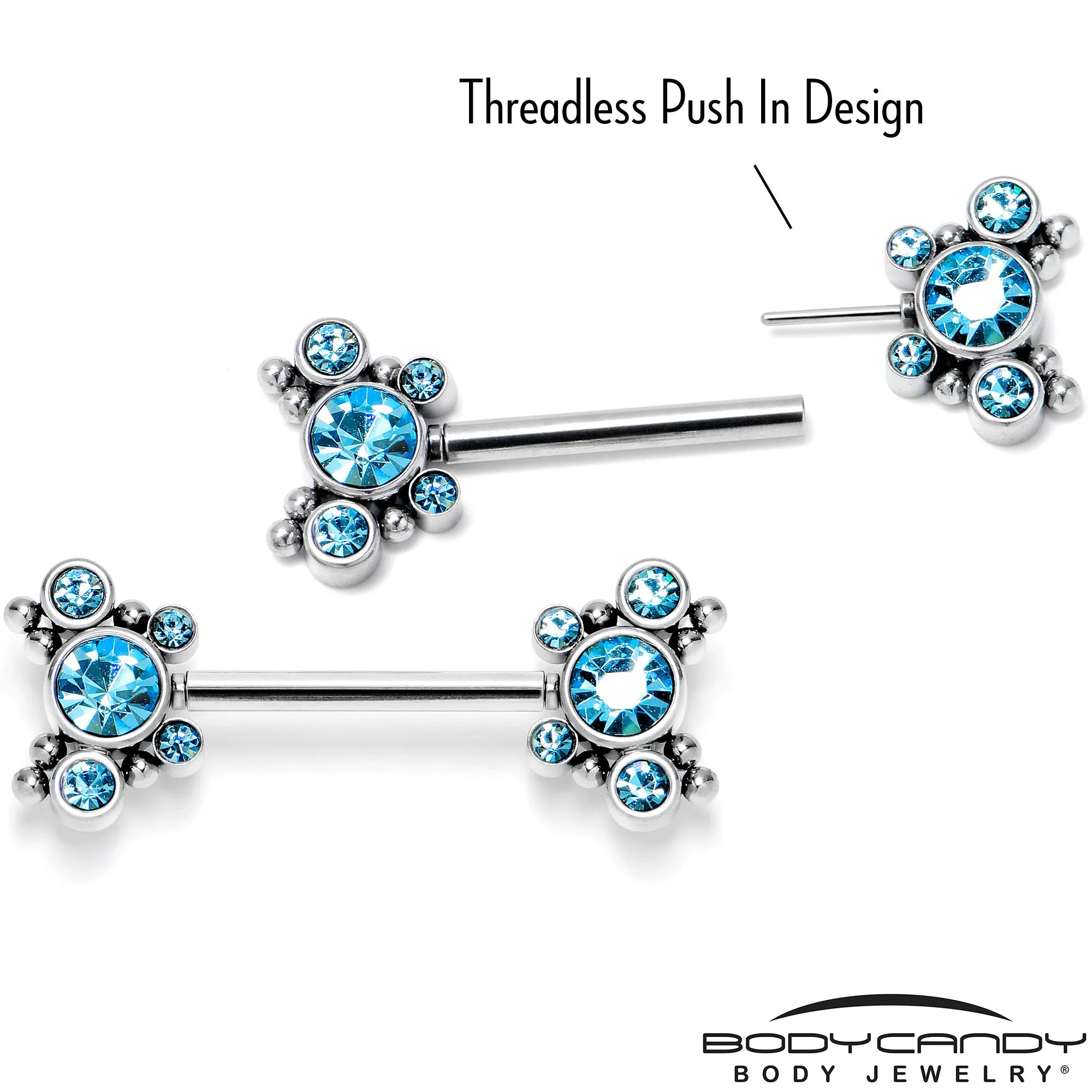 14 Gauge 9/16 Blue CZ Gem Circles Threadless Barbell Nipple Ring Set