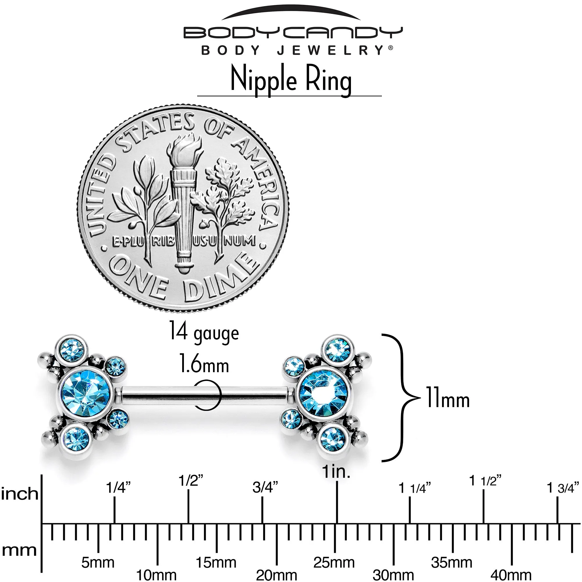 14 Gauge 9/16 Blue CZ Gem Circles Threadless Barbell Nipple Ring Set