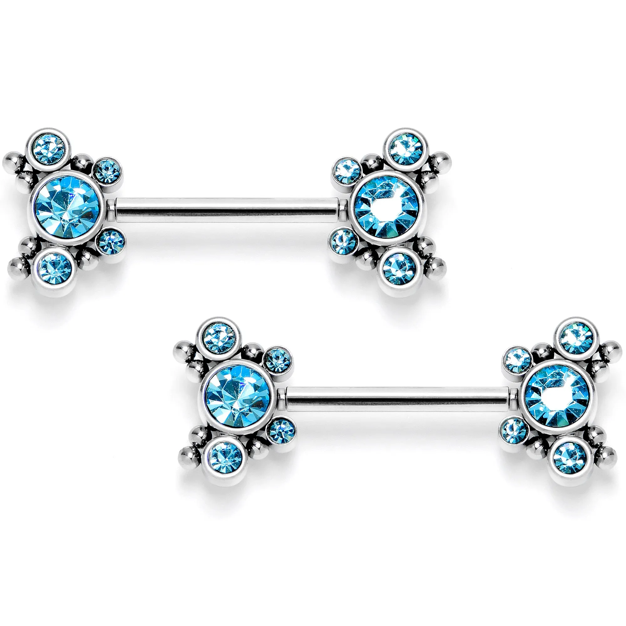 14 Gauge 9/16 Blue CZ Gem Circles Threadless Barbell Nipple Ring Set