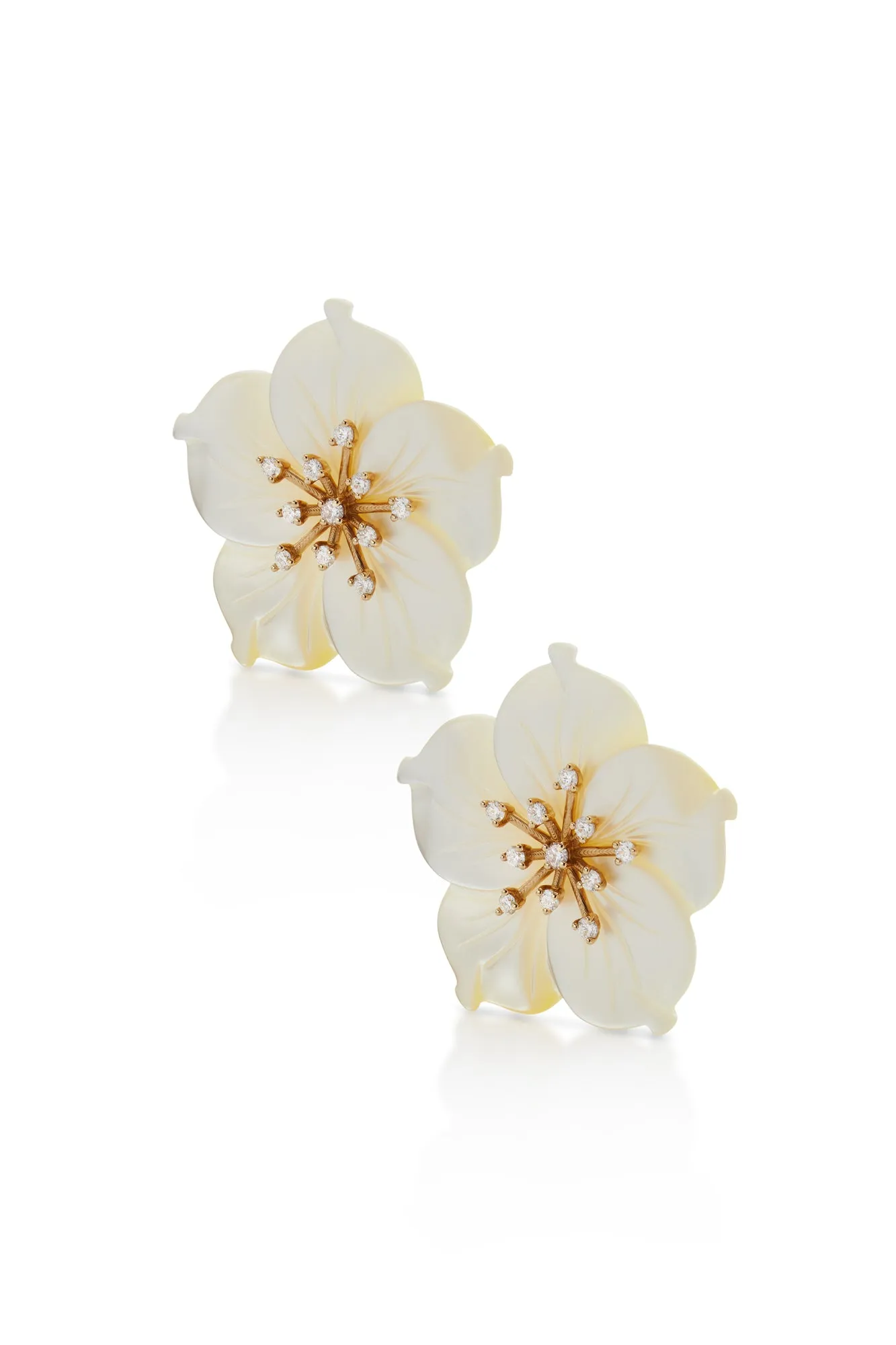 14K Large Mother Of Pearl Flower and Diamond Earrings