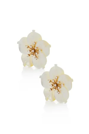 14K Large Mother Of Pearl Flower and Diamond Earrings