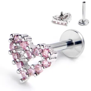 16 Gauge 5/16 Pink CZ Gem Open Heart Internally Threaded Labret Tragus