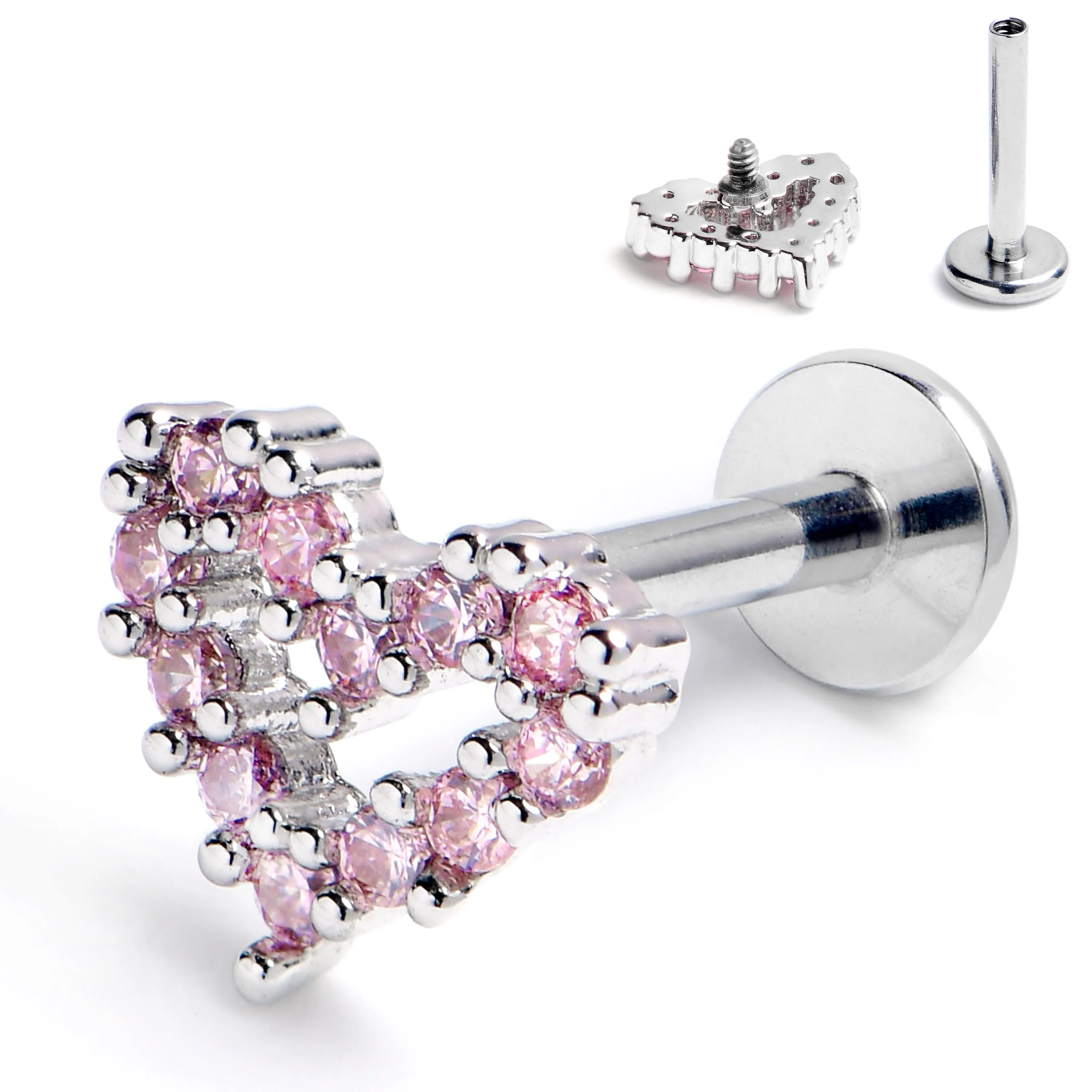 16 Gauge 5/16 Pink CZ Gem Open Heart Internally Threaded Labret Tragus