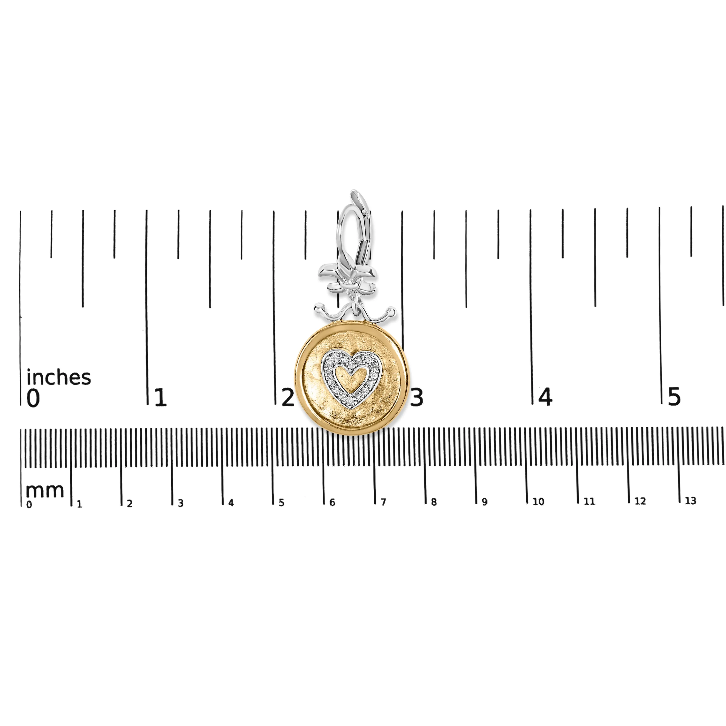 18K Yellow Gold Plated .925 Sterling Silver 1/8 Cttw Diamond Hammered Finished Medallion Heart Drop and Dangle Earrings