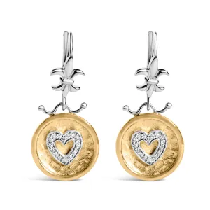 18K Yellow Gold Plated .925 Sterling Silver 1/8 Cttw Diamond Hammered Finished Medallion Heart Drop and Dangle Earrings