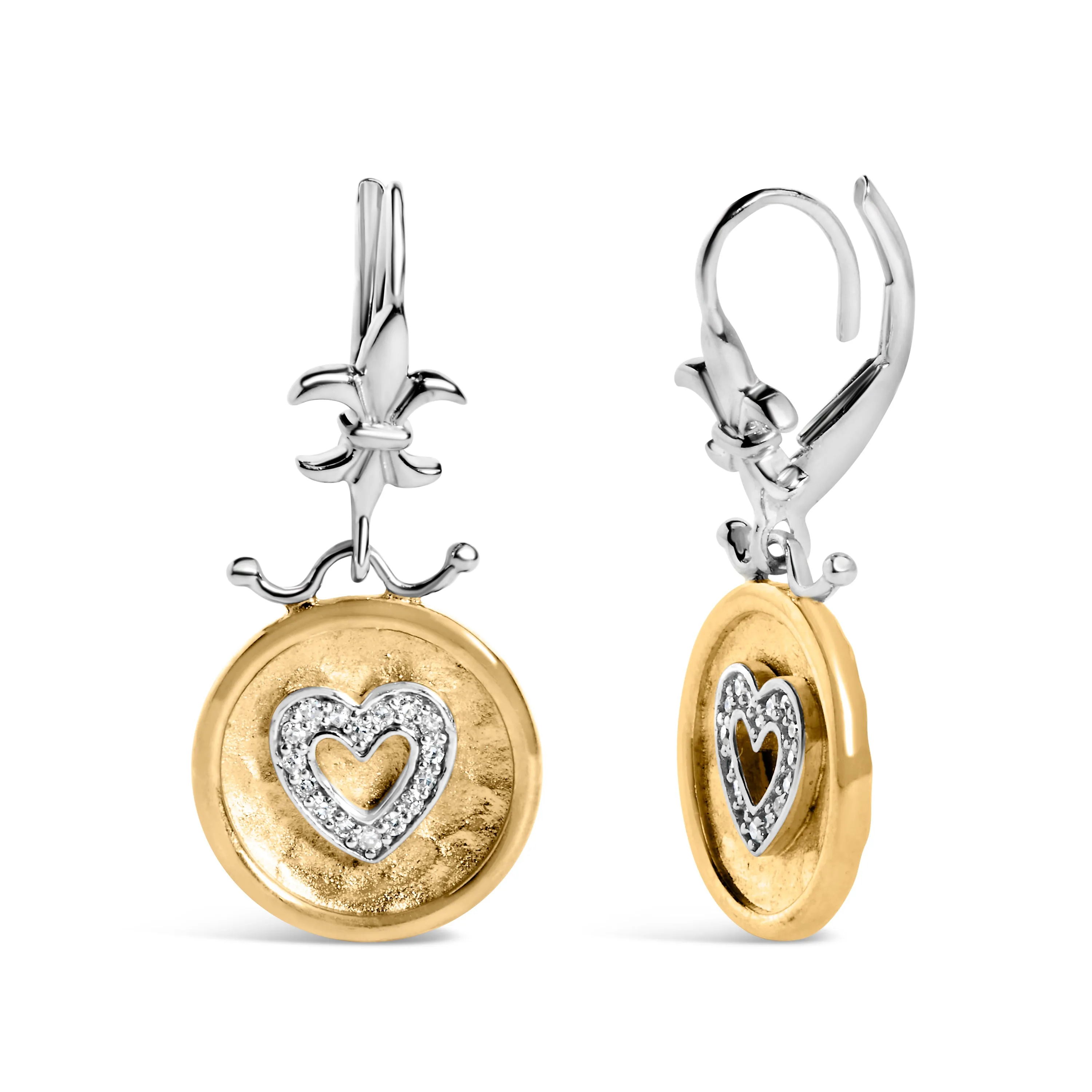 18K Yellow Gold Plated .925 Sterling Silver 1/8 Cttw Diamond Hammered Finished Medallion Heart Drop and Dangle Earrings