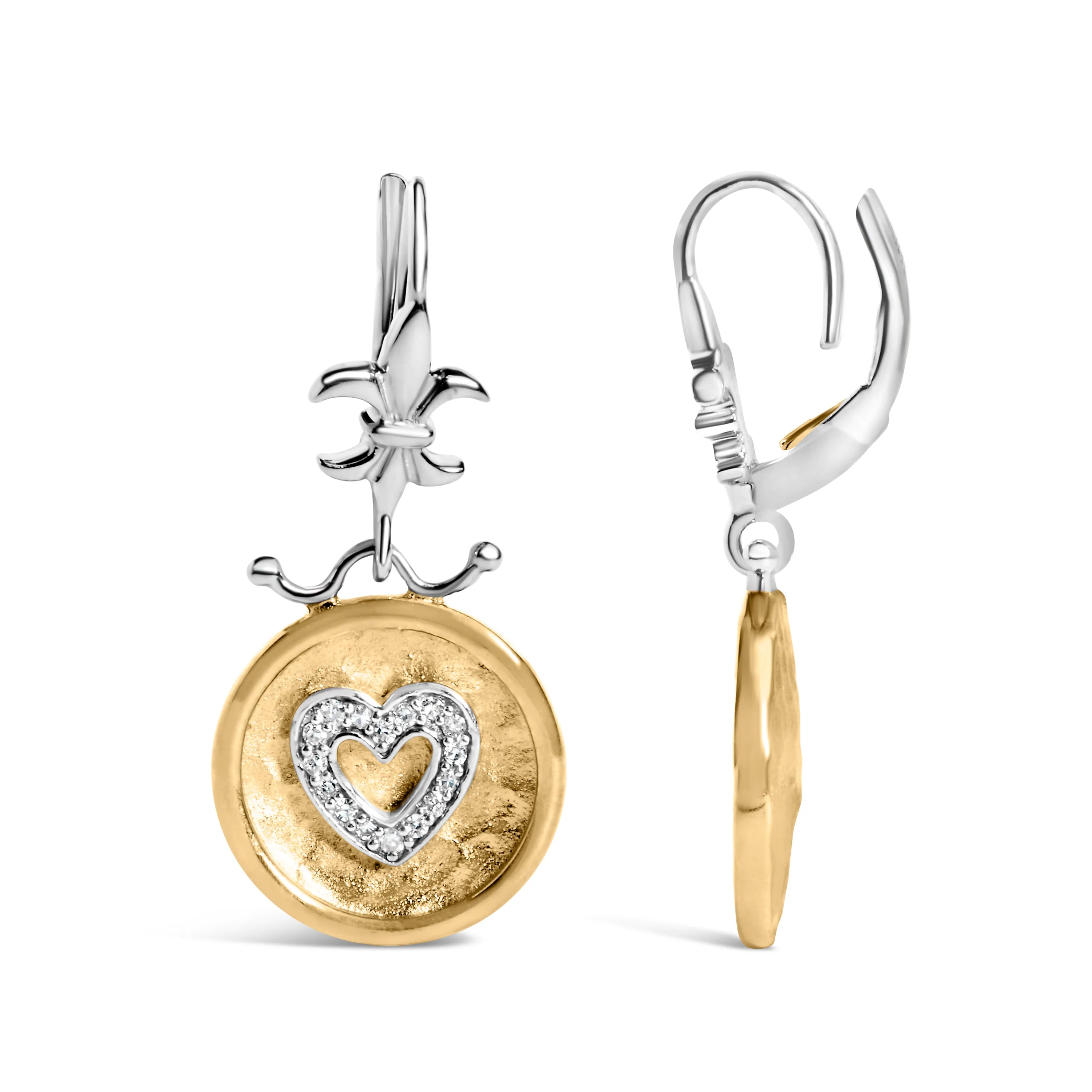 18K Yellow Gold Plated .925 Sterling Silver 1/8 Cttw Diamond Hammered Finished Medallion Heart Drop and Dangle Earrings
