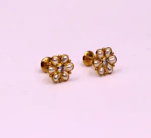 22kt yellow gold handmade stud earrings with fabulous pearl and cubic zircon earrings stylish modern girl's jewelry from india belly dance