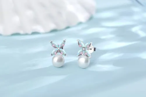 BAMIKI Pearl Earrings for Women, Aurora Borealis Crystal Earrings, Four Leaf Clover Zircon with 925 Sterling Silver Stud Earrings, Horse-Eye Gemstone Freshwater 8-8.5MM Cultured Pearls Fashion Jewelry