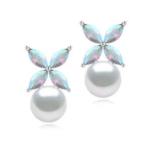 BAMIKI Pearl Earrings for Women, Aurora Borealis Crystal Earrings, Four Leaf Clover Zircon with 925 Sterling Silver Stud Earrings, Horse-Eye Gemstone Freshwater 8-8.5MM Cultured Pearls Fashion Jewelry