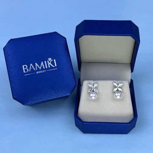 BAMIKI Pearl Earrings for Women, Aurora Borealis Crystal Earrings, Four Leaf Clover Zircon with 925 Sterling Silver Stud Earrings, Horse-Eye Gemstone Freshwater 8-8.5MM Cultured Pearls Fashion Jewelry