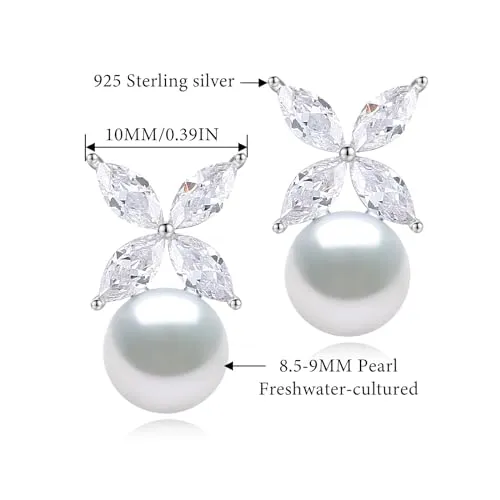 BAMIKI Pearl Earrings for Women, Aurora Borealis Crystal Earrings, Four Leaf Clover Zircon with 925 Sterling Silver Stud Earrings, Horse-Eye Gemstone Freshwater 8-8.5MM Cultured Pearls Fashion Jewelry