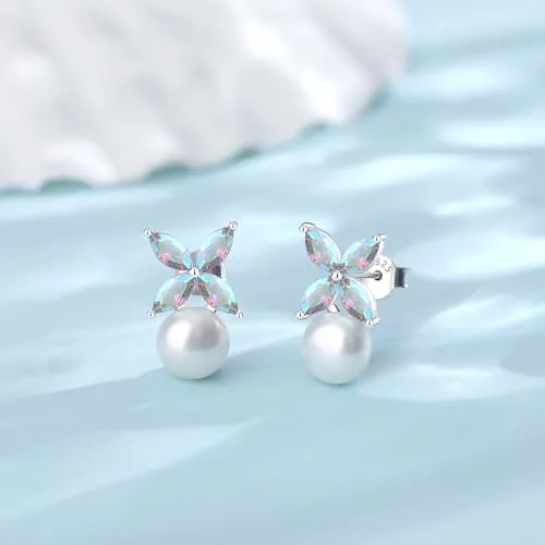 BAMIKI Pearl Earrings for Women, Aurora Borealis Crystal Earrings, Four Leaf Clover Zircon with 925 Sterling Silver Stud Earrings, Horse-Eye Gemstone Freshwater 8-8.5MM Cultured Pearls Fashion Jewelry