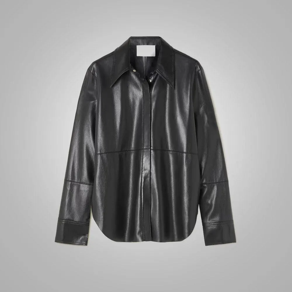 Black Supple Feel Soft Slim Leather Shirt For Women