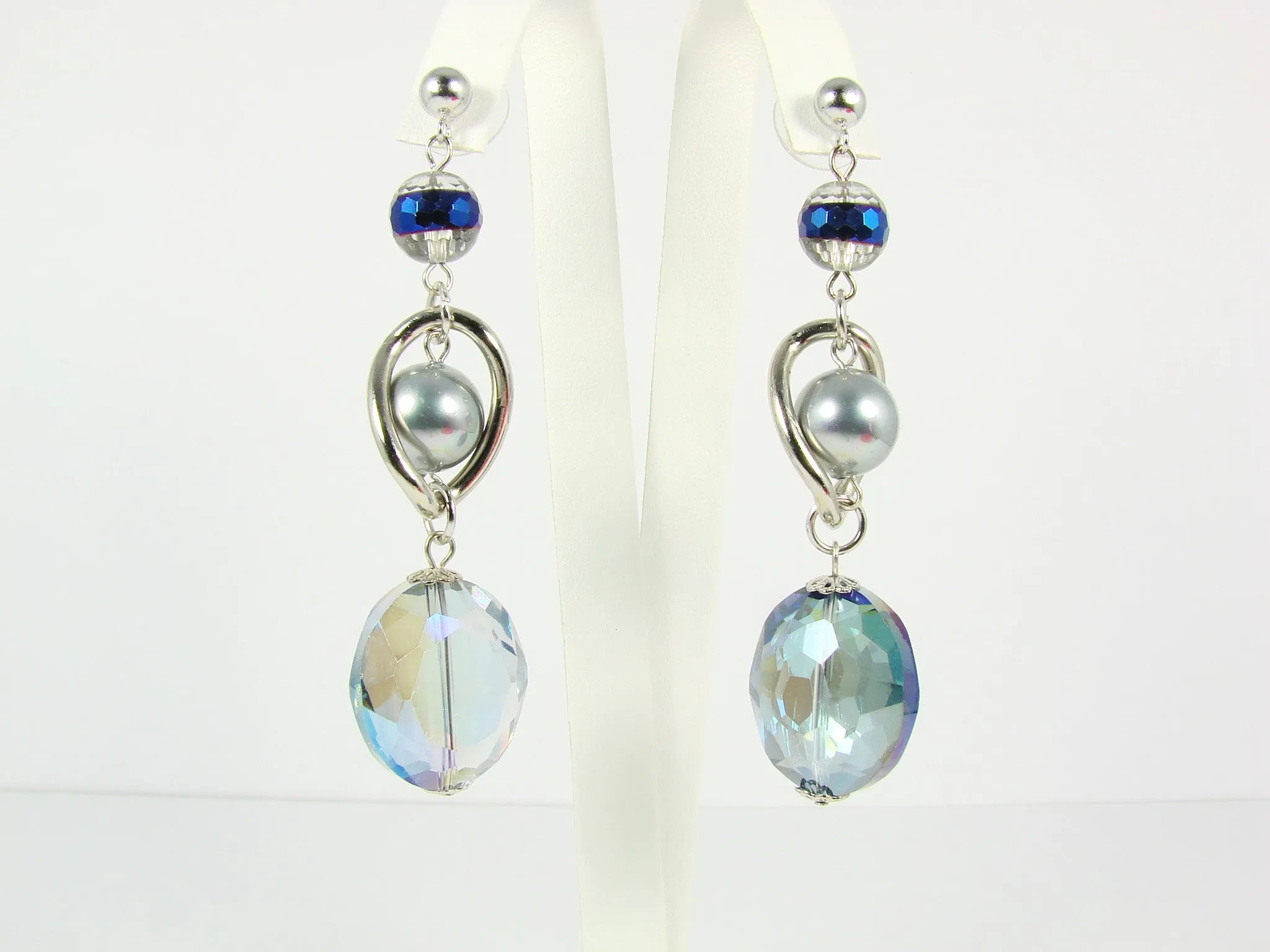 Blue Glass Beads Earrings with Pearls Silver Tone