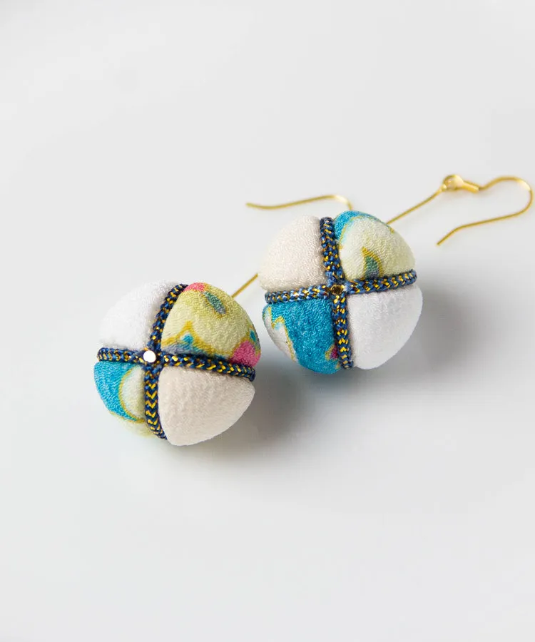 Blue Temari Chirimen Japanese Earrings / High Quality Surgical Steel Hook Earrings