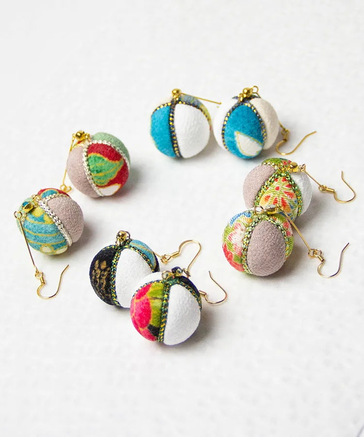 Blue Temari Chirimen Japanese Earrings / High Quality Surgical Steel Hook Earrings