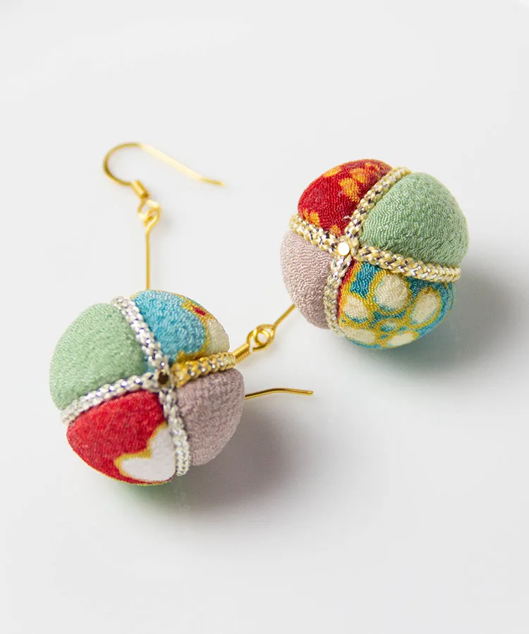 Blue Temari Chirimen Japanese Earrings / High Quality Surgical Steel Hook Earrings