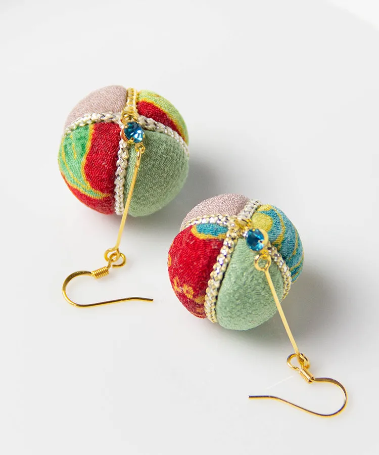 Blue Temari Chirimen Japanese Earrings / High Quality Surgical Steel Hook Earrings