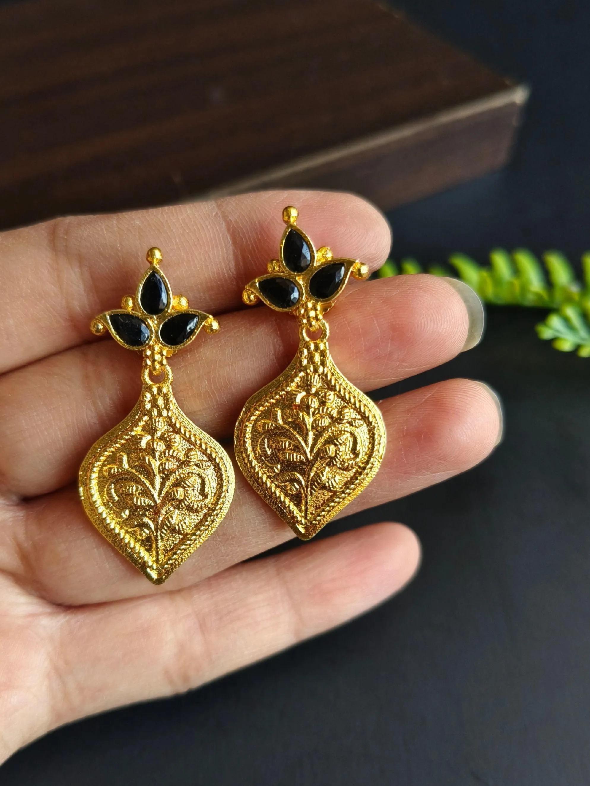 Brass Gold-Plated Stone Dangler Earrings for Party Wear Elegance | Sarichka