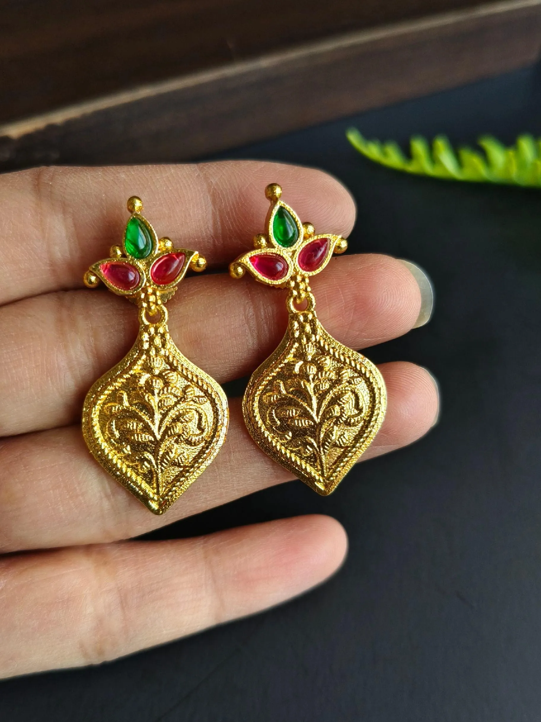 Brass Gold-Plated Stone Dangler Earrings for Party Wear Elegance | Sarichka