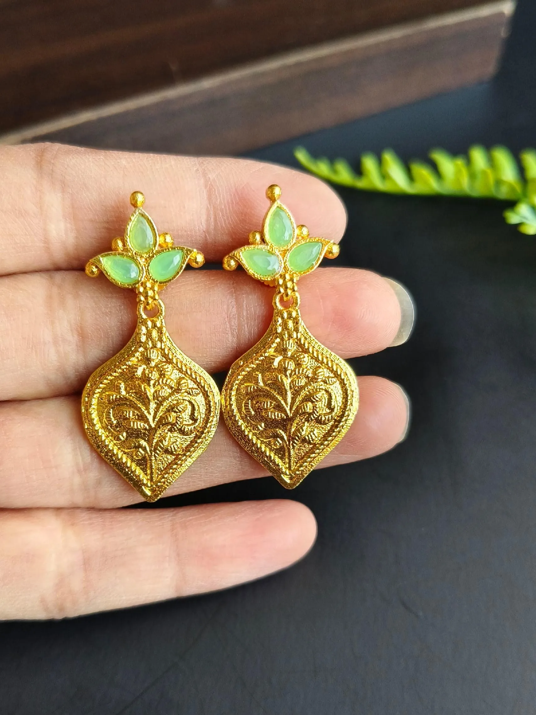 Brass Gold-Plated Stone Dangler Earrings for Party Wear Elegance | Sarichka