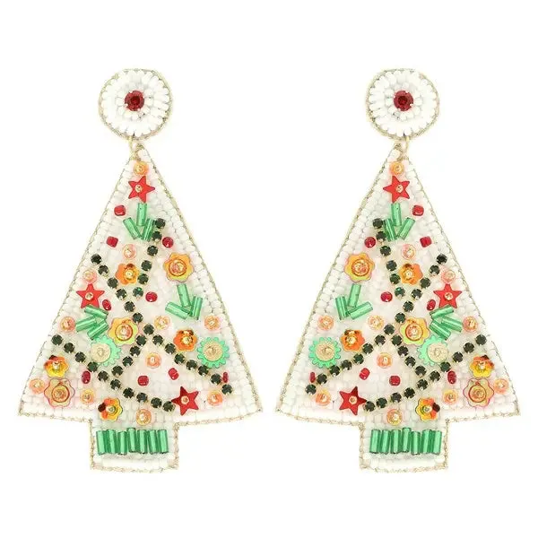 Christmas Tree Beaded Earrings - White Floral