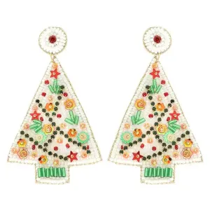 Christmas Tree Beaded Earrings - White Floral