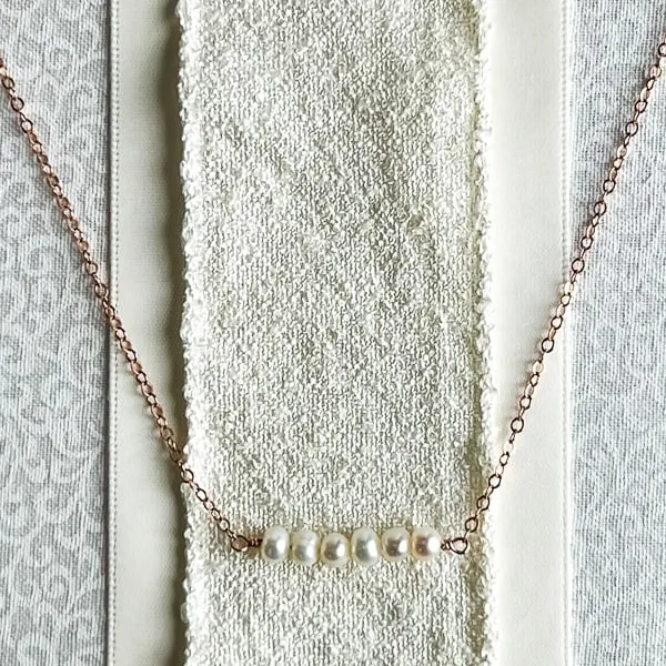 Dainty Pearl Bar Necklace, 14Kt Rose-gold Chain, 16 inches
