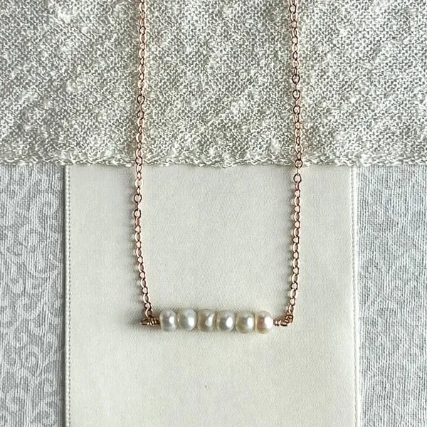 Dainty Pearl Bar Necklace, 14Kt Rose-gold Chain, 16 inches