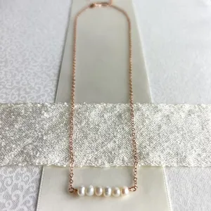 Dainty Pearl Bar Necklace, 14Kt Rose-gold Chain, 16 inches