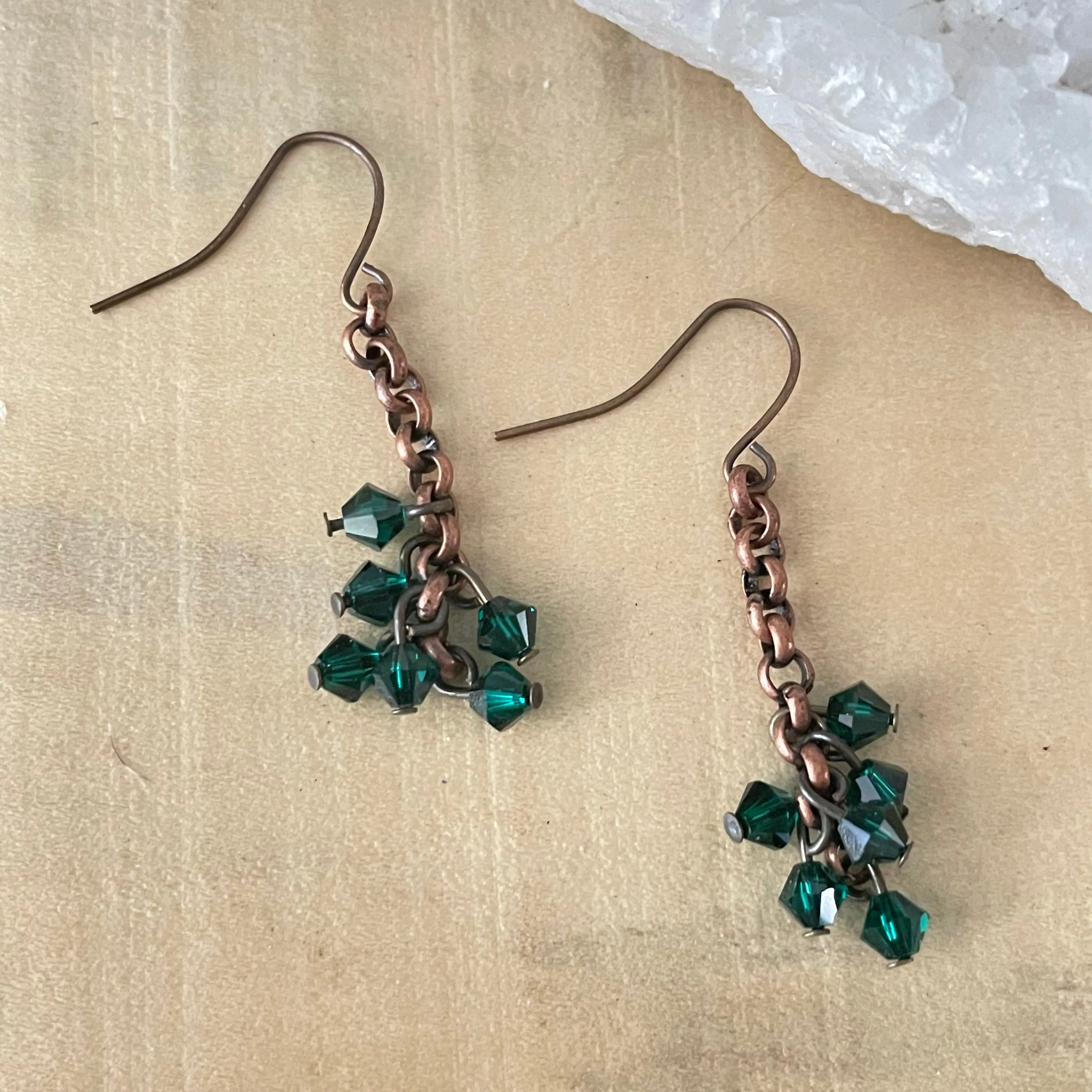 Dark Green Swarovski Crystal & Copper Chain Earrings 1.75” Elegant Evening Drama Women Gift Fashion Handmade Jewelry
