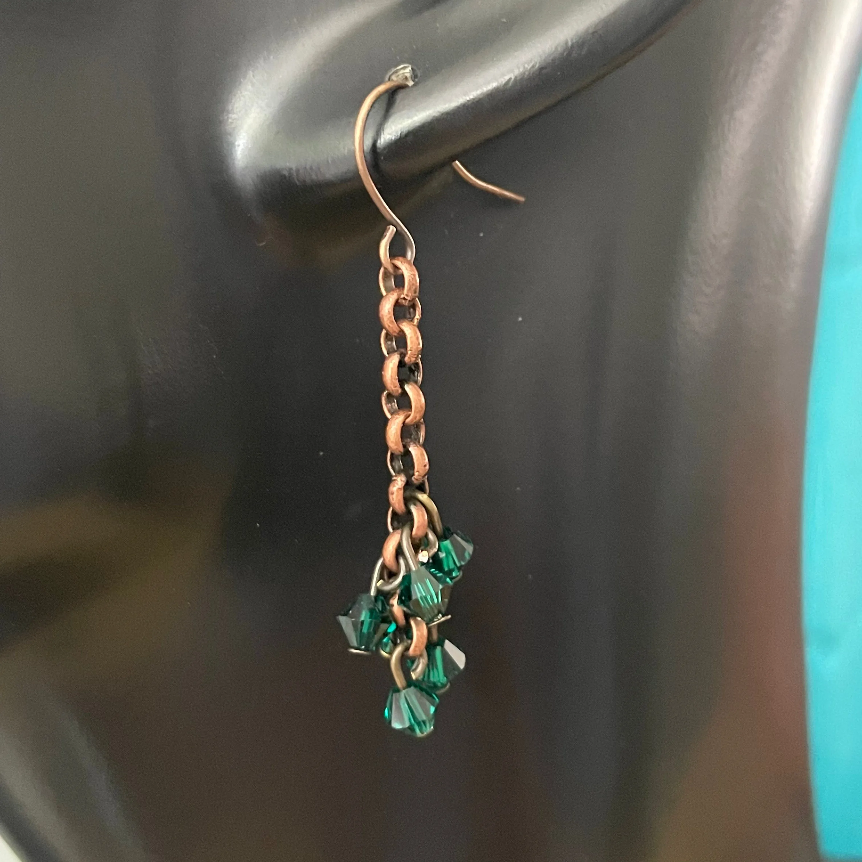 Dark Green Swarovski Crystal & Copper Chain Earrings 1.75” Elegant Evening Drama Women Gift Fashion Handmade Jewelry