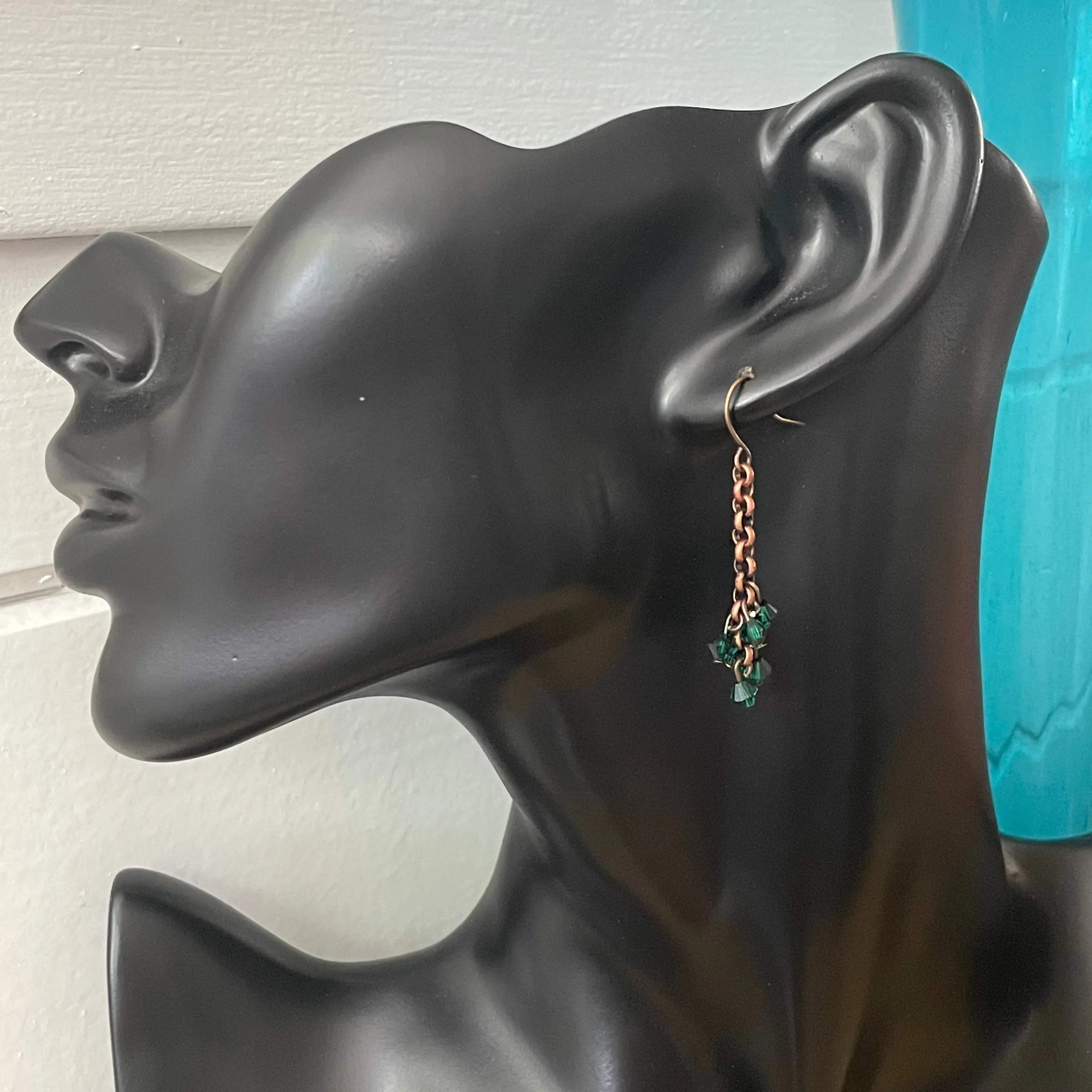 Dark Green Swarovski Crystal & Copper Chain Earrings 1.75” Elegant Evening Drama Women Gift Fashion Handmade Jewelry