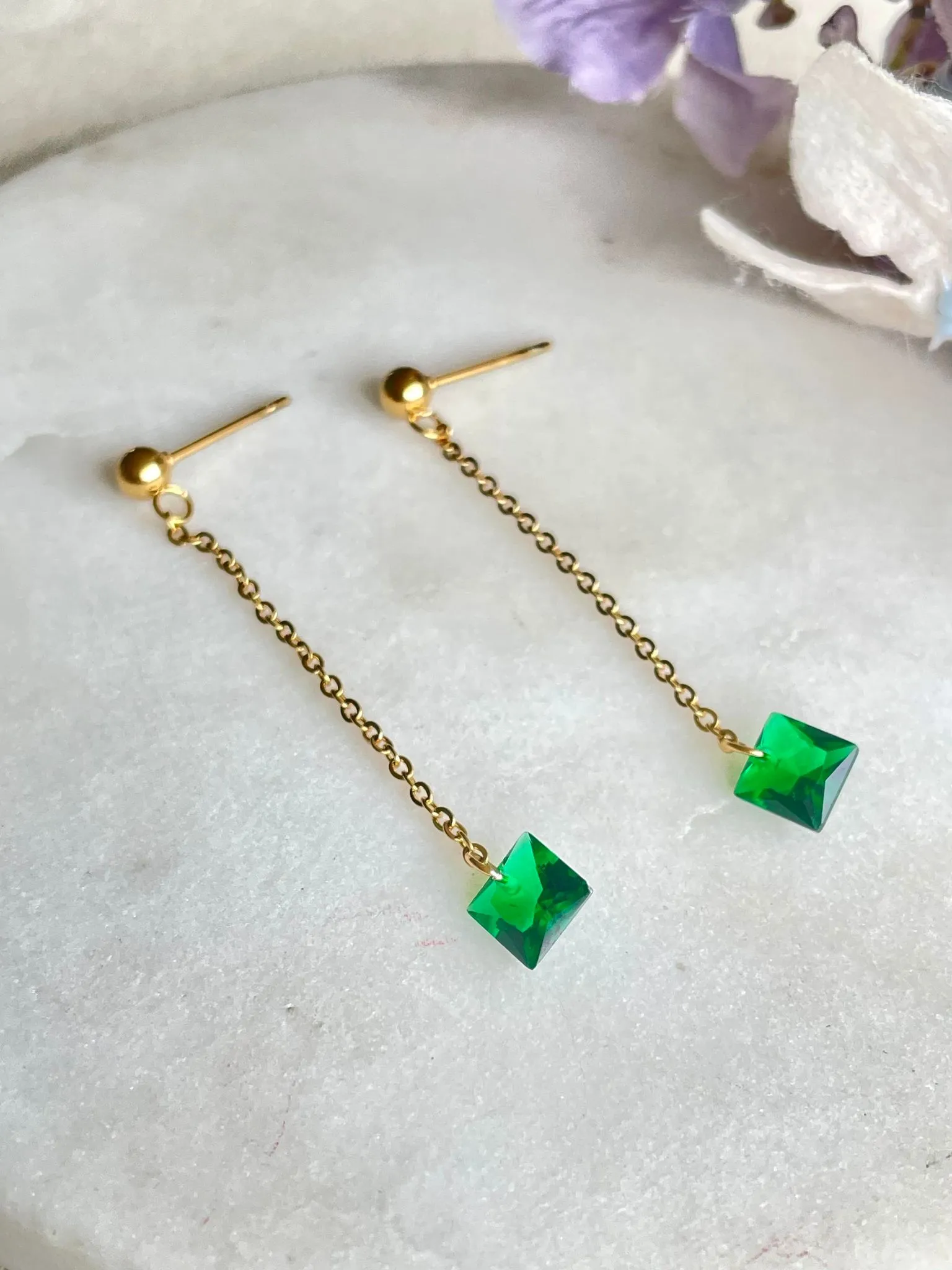 Drop to the green stud earrings – Tarnish Proof Jewellery