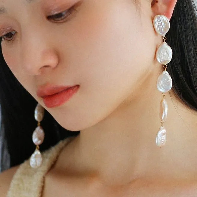 Flat Round Freshwater Baroque Long Drop Earrings-Large