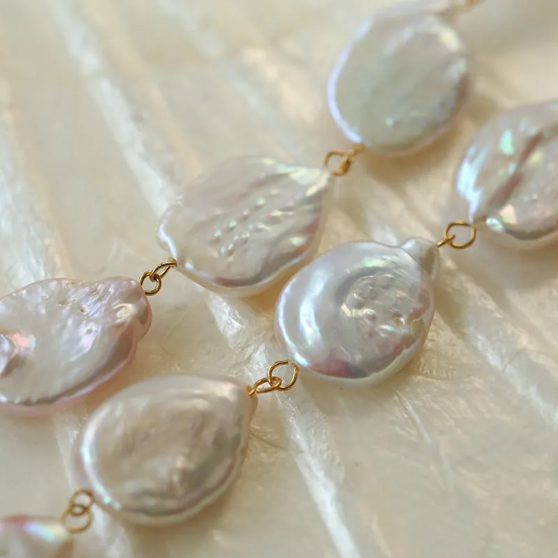 Flat Round Freshwater Baroque Long Drop Earrings-Large