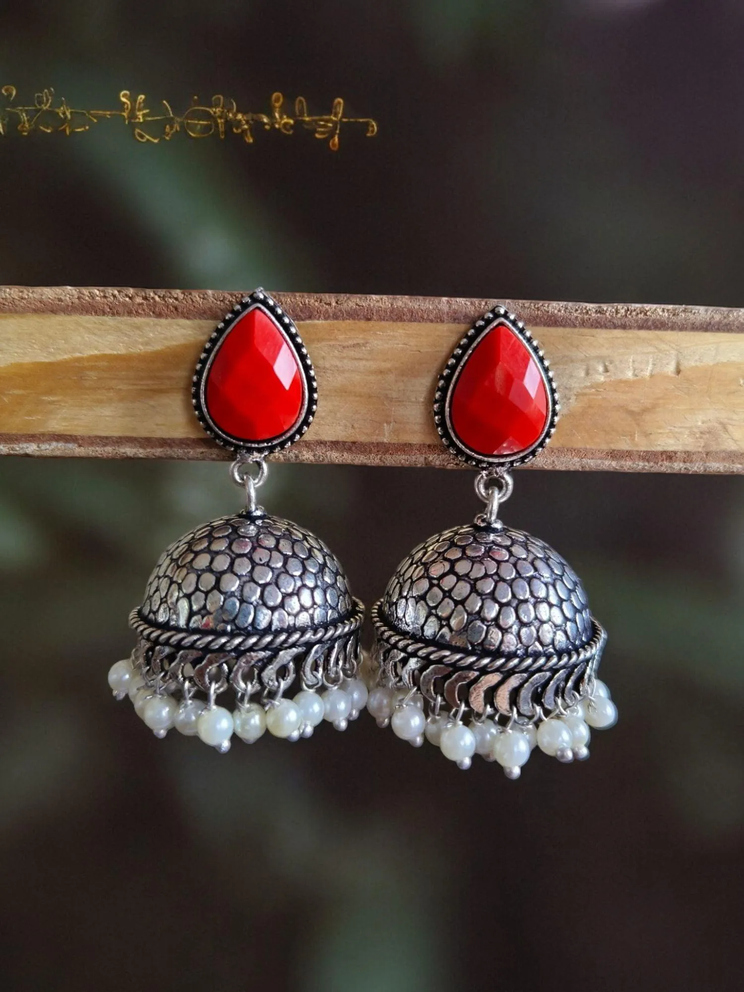 German Silver Oxidised Pan Pearl Jhumka Earrings for Tradition | Sarichka