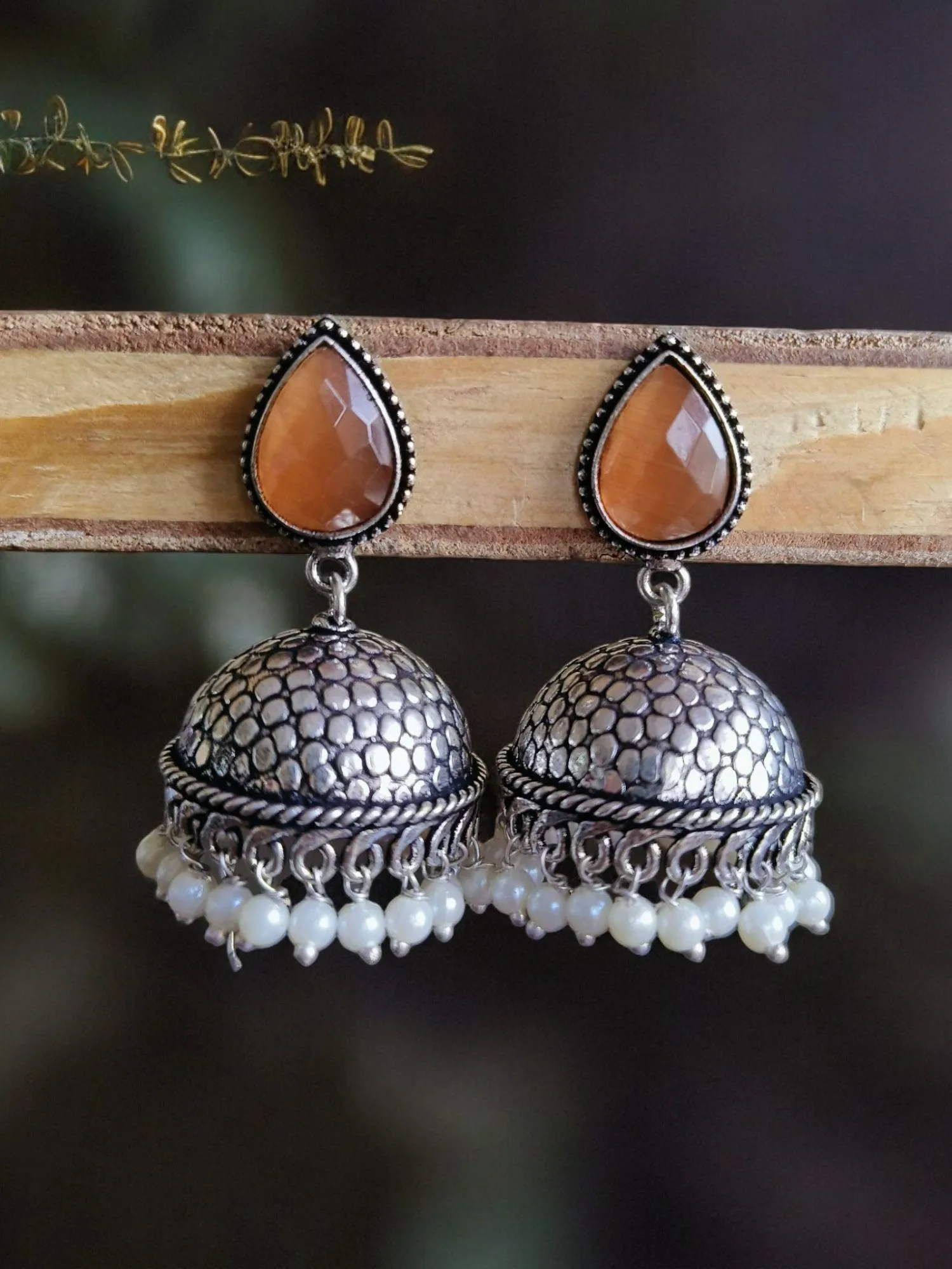 German Silver Oxidised Pan Pearl Jhumka Earrings for Tradition | Sarichka
