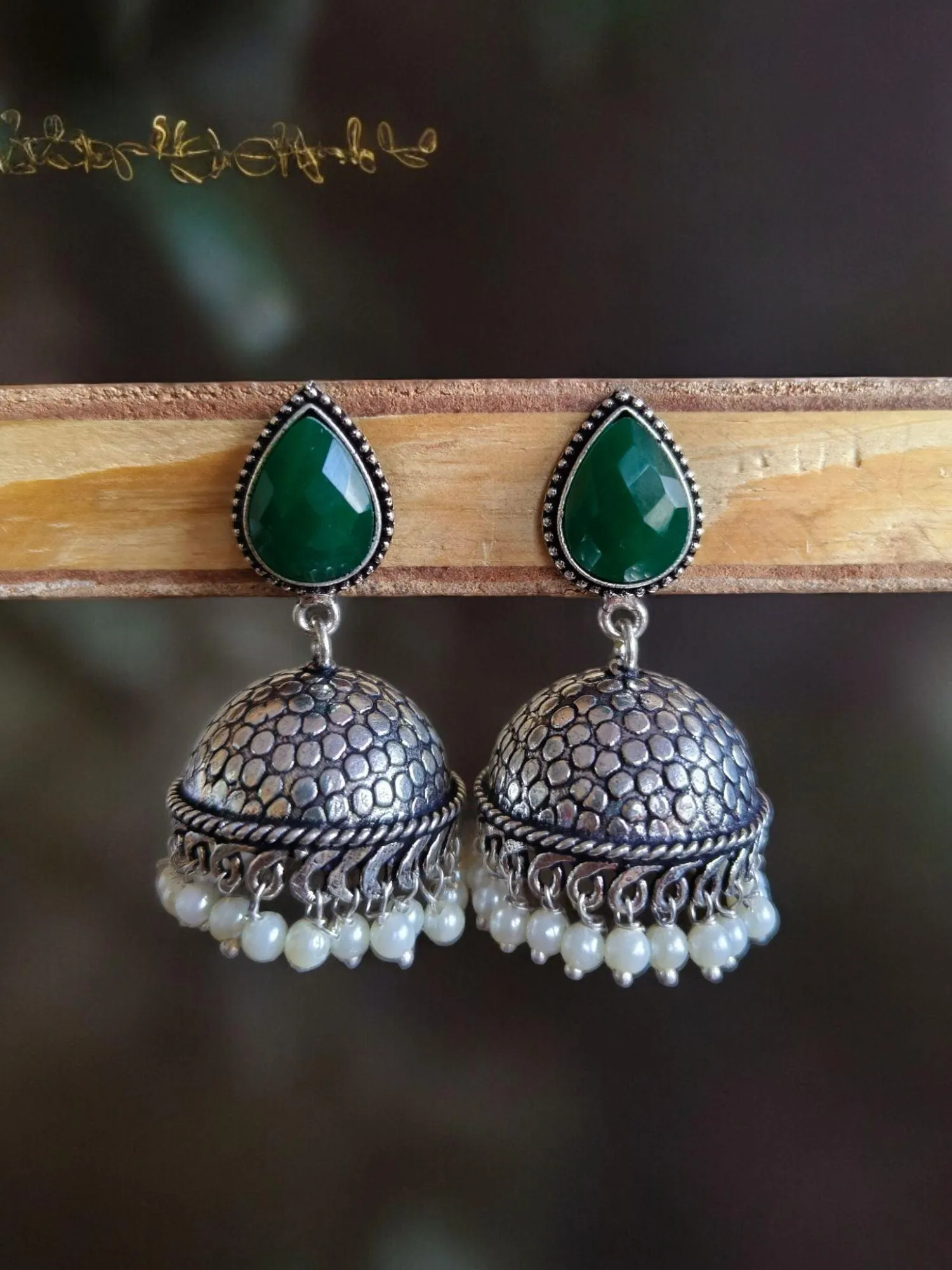 German Silver Oxidised Pan Pearl Jhumka Earrings for Tradition | Sarichka