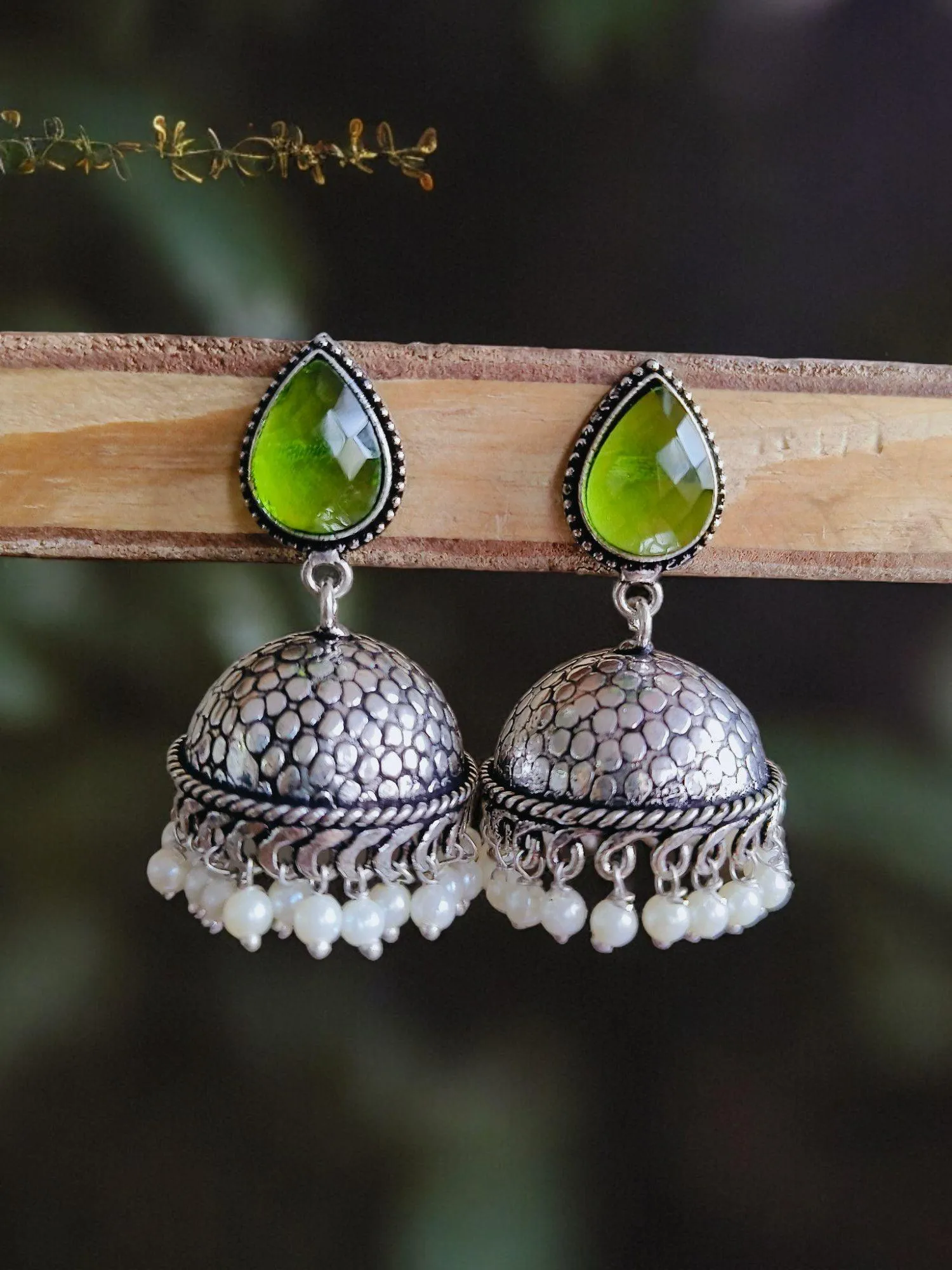 German Silver Oxidised Pan Pearl Jhumka Earrings for Tradition | Sarichka