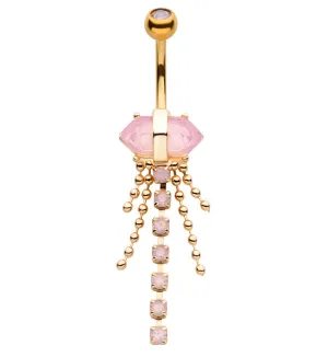 Gold PVD Pink Crystal Bead Chain Stainless Steel Belly Button Ring