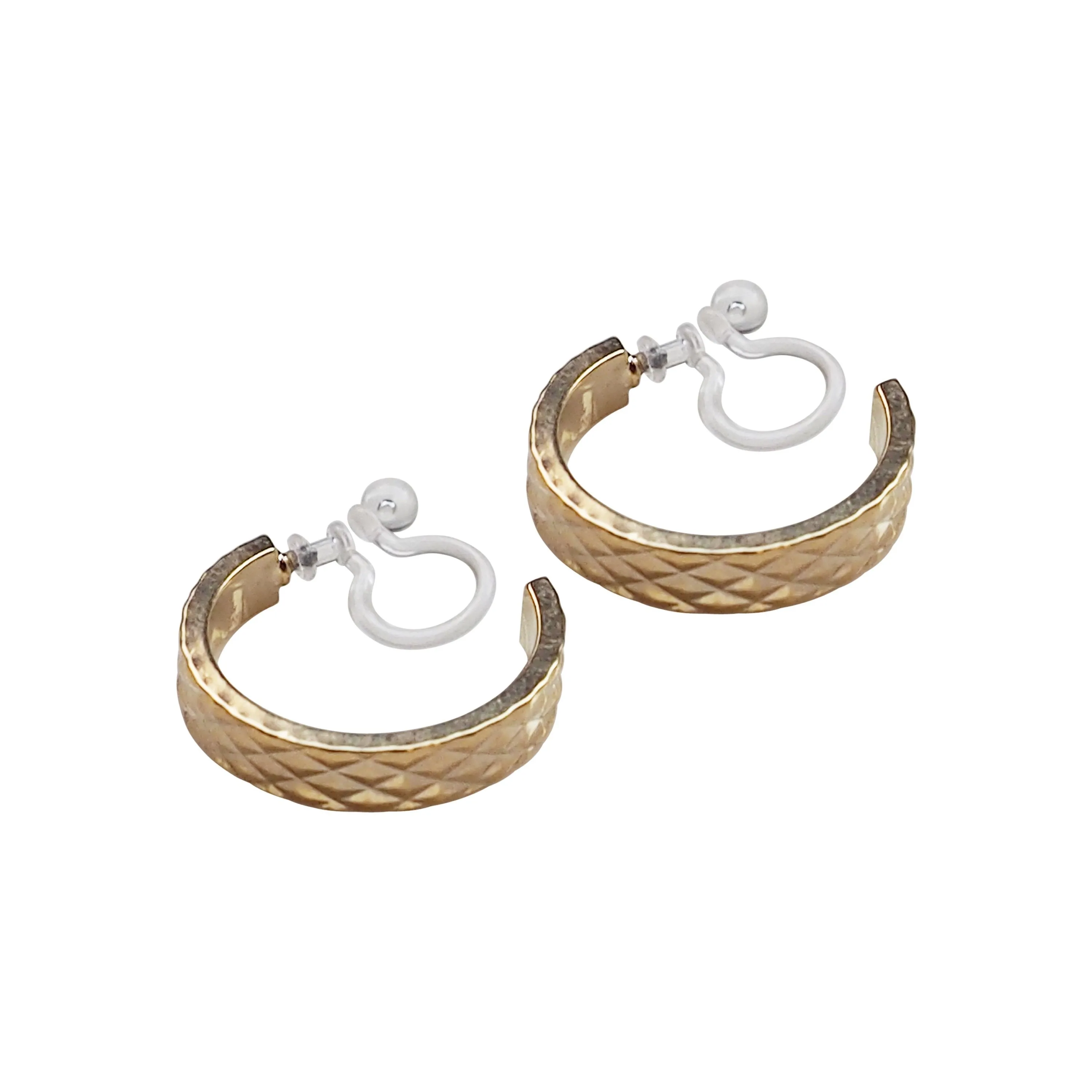 Gold Quilting Invisible Clip On Hoop Earrings