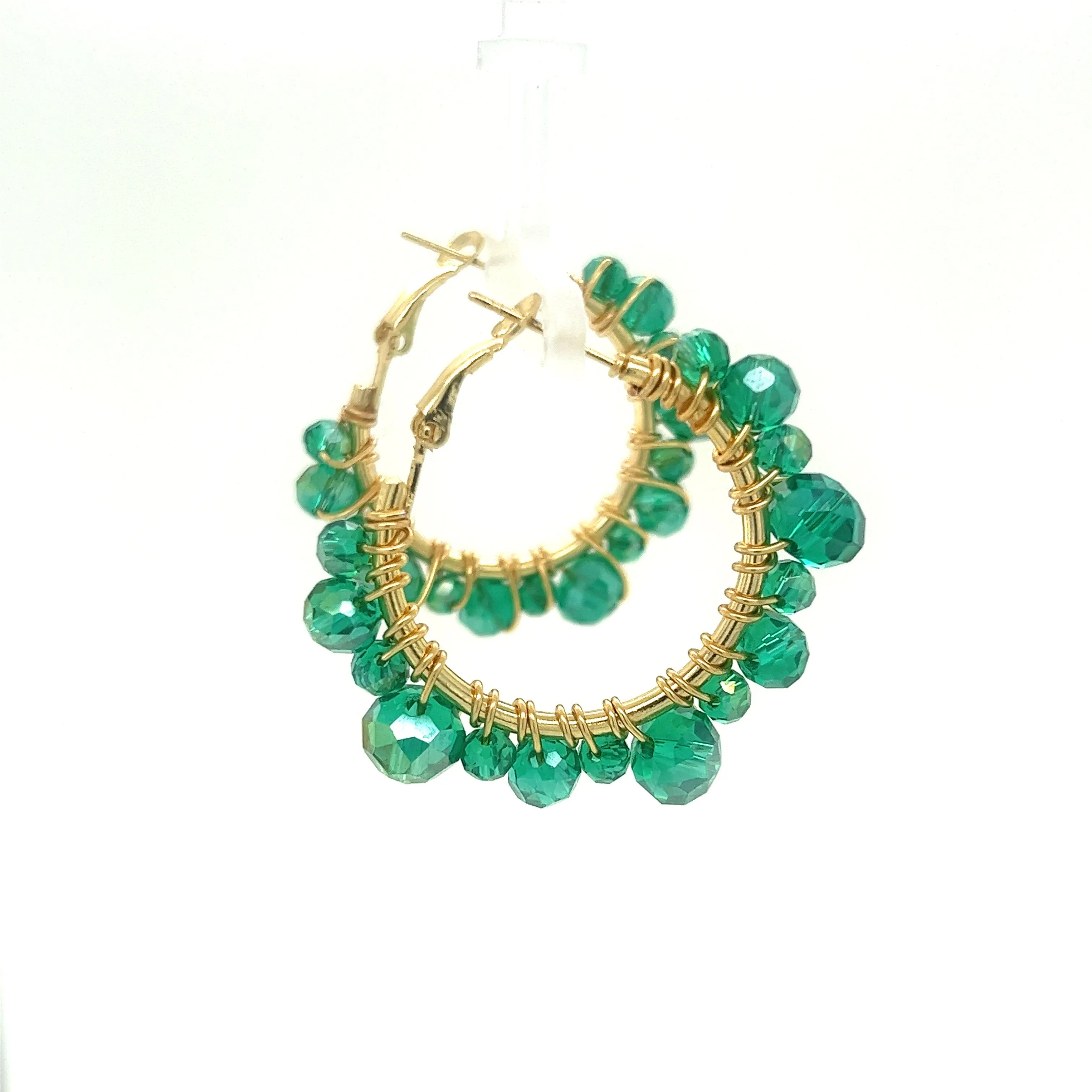 Green Beaded Gold Hoop Earrings Small