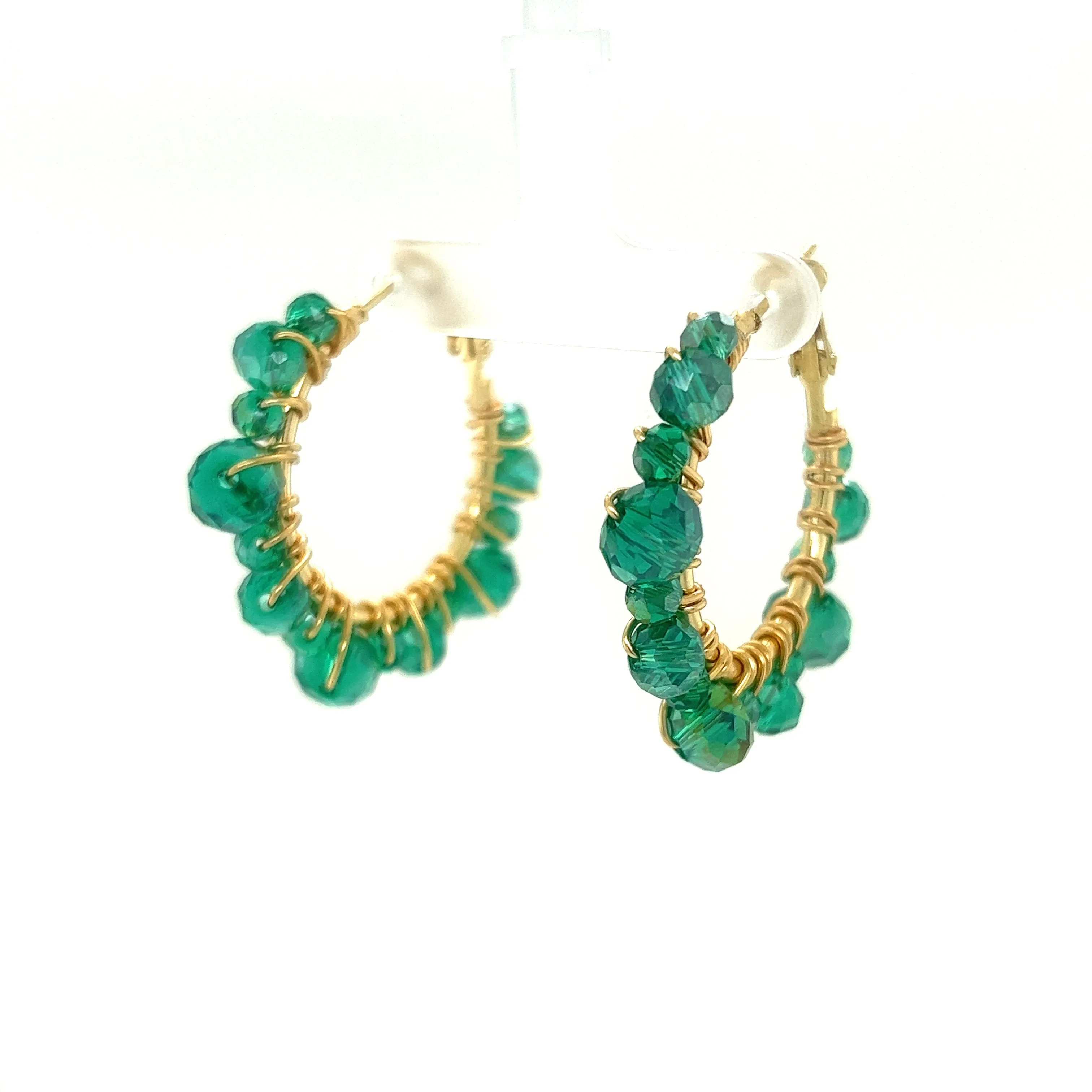 Green Beaded Gold Hoop Earrings Small
